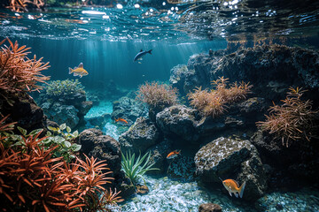 Underwater scene with coral reefs, small fish, and natural rocks in clear blue water, lit by sun rays filtering through the surface.