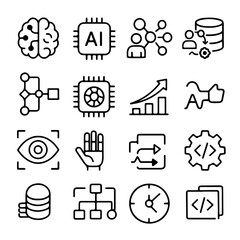AI icons collection set representing various concepts of modern artificial intelligence technology in linear style.