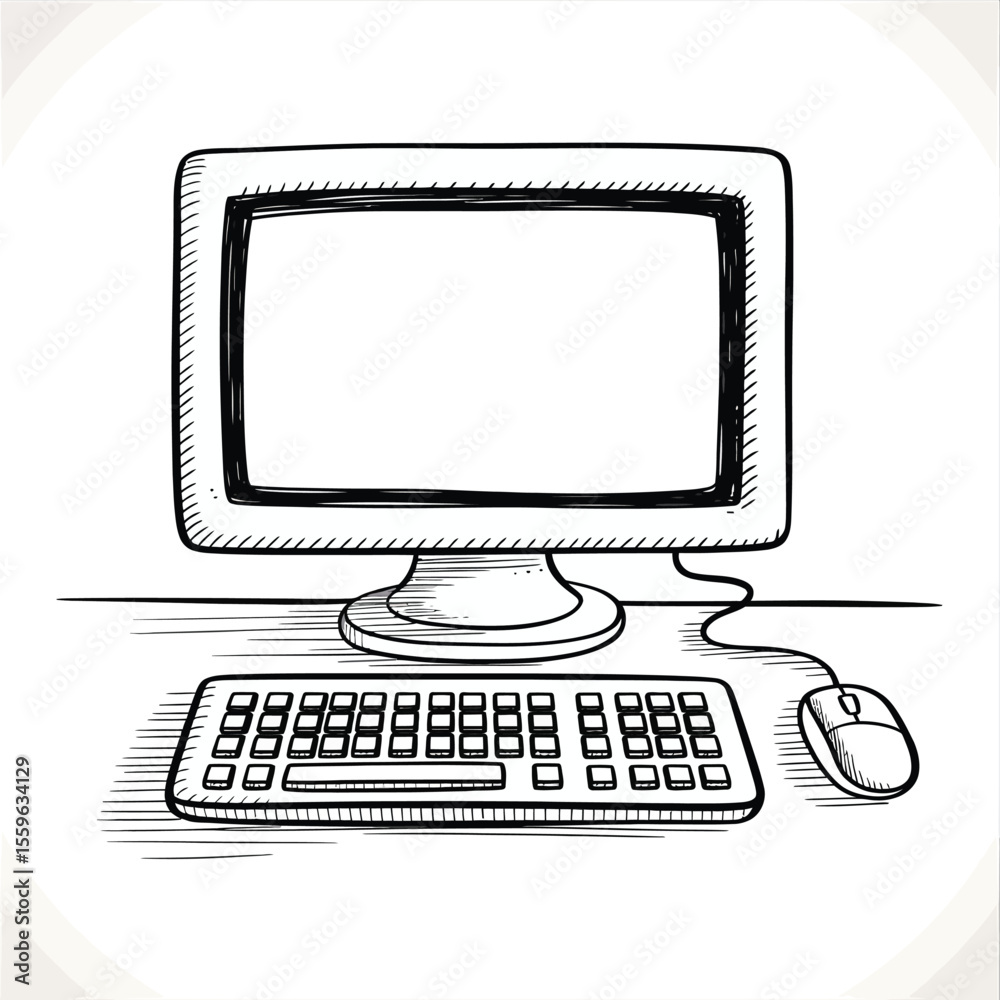 Poster hand drawn computer setup with monitor keyboard and mouse in black and white