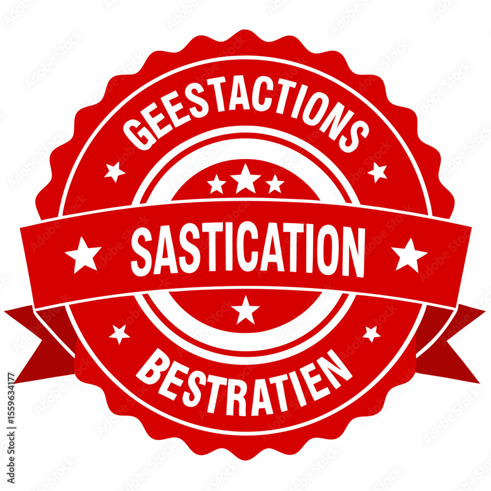 Fototapete red badge with text geestactions sastication bestratien and stars isolated on white background vecto