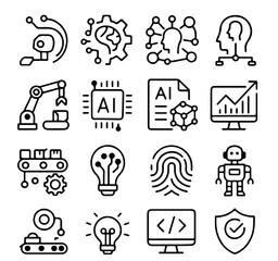 A collection of meticulously crafted minimalist line art icons, each representing key concepts in the realm of artificial intelligence and cutting-edge technological advancement.