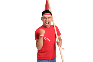 Excited young Asian men celebrate Indonesian independence day on 17 August by holding the Indonesian flag isolated on transparent background