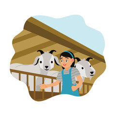 Cute little girl feeding goats in the pen.