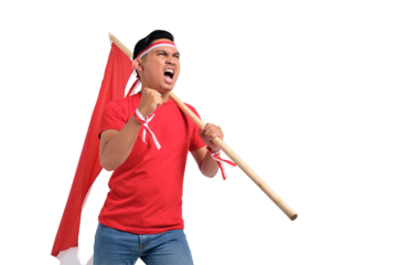 Excited young Asian men celebrate Indonesian independence day on 17 August by holding the Indonesian flag isolated on transparent background