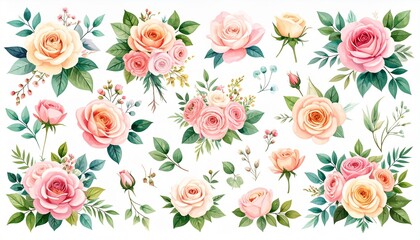 Beautiful romantic flower collection with roses, leaves, floral bouquets, flower compositions.