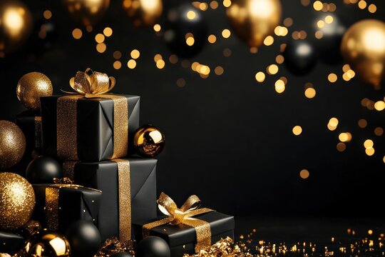 Dark background sale concept with spotlight on black gifts, gold balloons and bold festive accents
