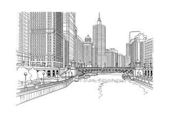 Chicago Riverwalk in Chicago one line drawing