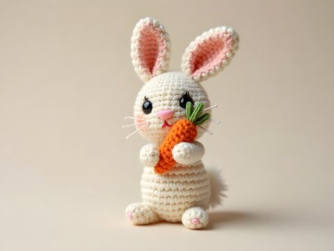 a delicate, intricately crocheted keychain featuring a blushing bunny with a sweet, endearing expression, holding a miniature, vibrant orange carrot with lush green leaves, the bunny's soft,