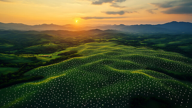 Scenic landscape with digital network overlay at sunset illustrating connectivity and future technology green hills and mountains - Powered by Adobe