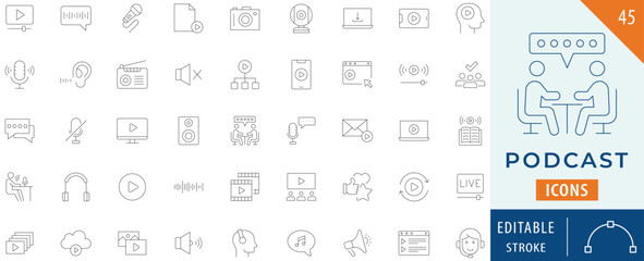 Podcast icon collection set. Editable stroke.