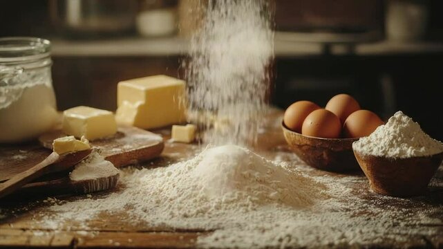 Flour cascading onto a wooden table with butter, eggs, and baking ingredients