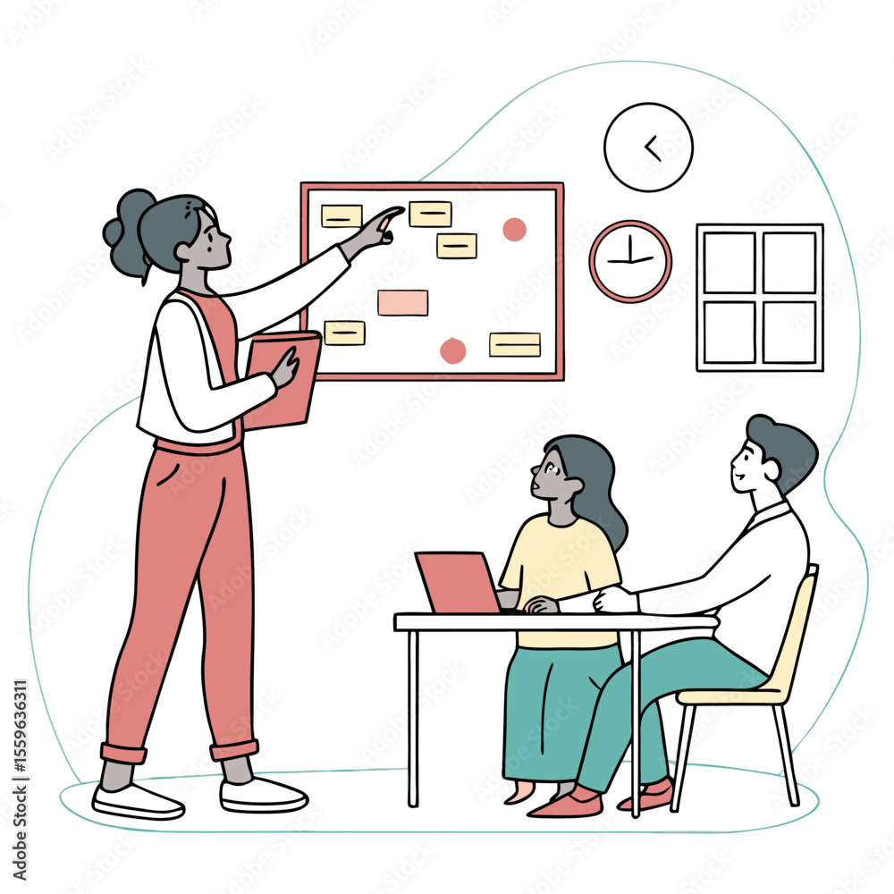 Poster diverse team collaborating in an office setting with a presenter pointing at a task board while coll