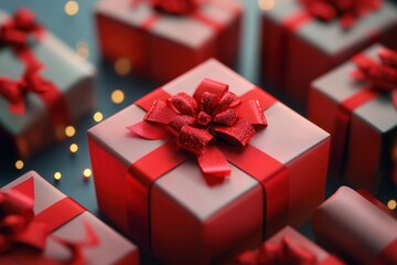 Christmas presents with shiny ribbons and bows, different dimensions, detailed 3D illustration with soft shadows