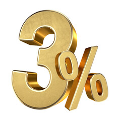 Golden 3 Percent Isolated on Transparent Background