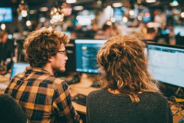 Coworkers Collaborating at Open Office Space with Computers in Modern Work Environment