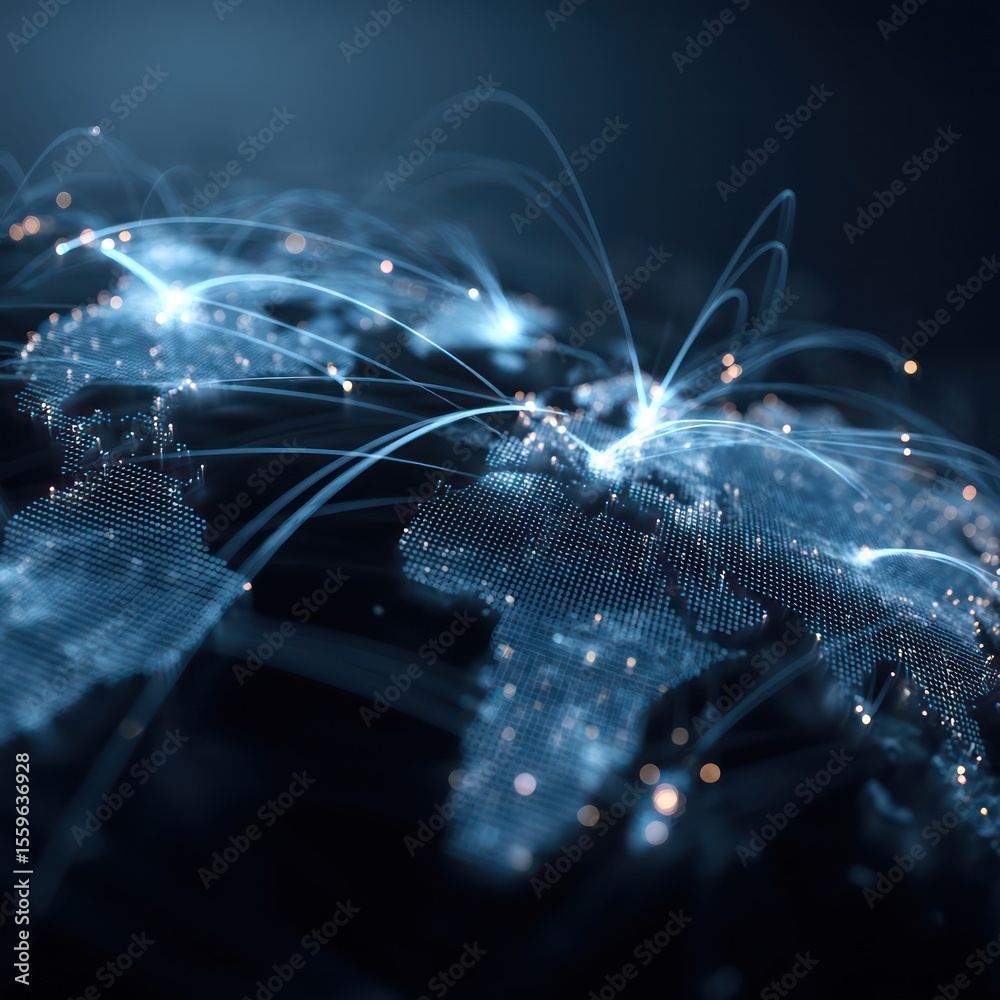 Poster Advanced digital world map visualizing global tech nodes and interconnecting networks.