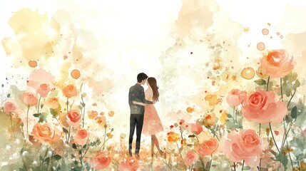A couple holding each other in a watercolor meadow of soft pink roses, surrounded by splashes of pastel color that gently fade into the distance, creating a peaceful Valentine's Day scene.