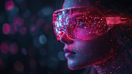 Woman's face digitally overlaid with pink glowing data streams, wearing futuristic glasses, against a dark, bokeh background - Powered by Adobe