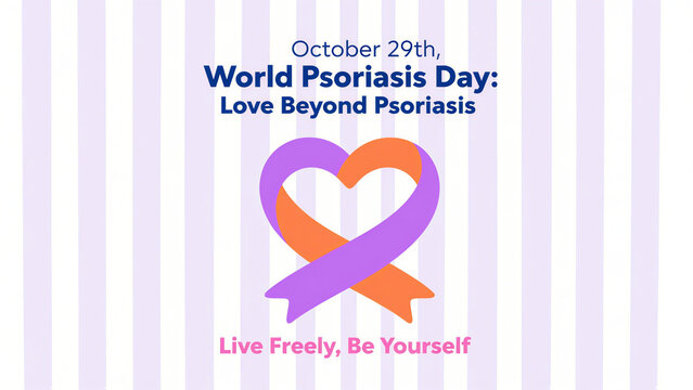 Love shaped purple orange ribbon, representing World Psoriasis Day advocating acceptance and care, used for public welfare promotion and emotional transmission scenes.