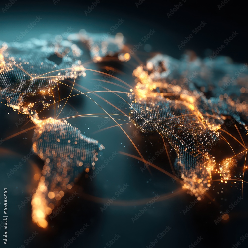 Poster Digital map showing global connections with tech nodes glowing in real-time updates.