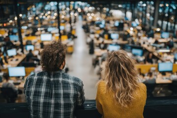 Coworkers Working Together in a Modern Open Office Space on a Busy Floor