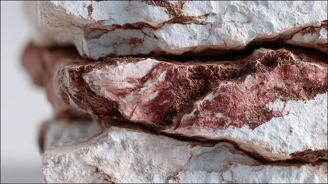 Close up macro texture of layered sedimentary rocks with red and white mineral deposits