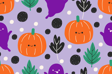 Seamless Halloween pattern with pumpkins ghosts leaves and dots