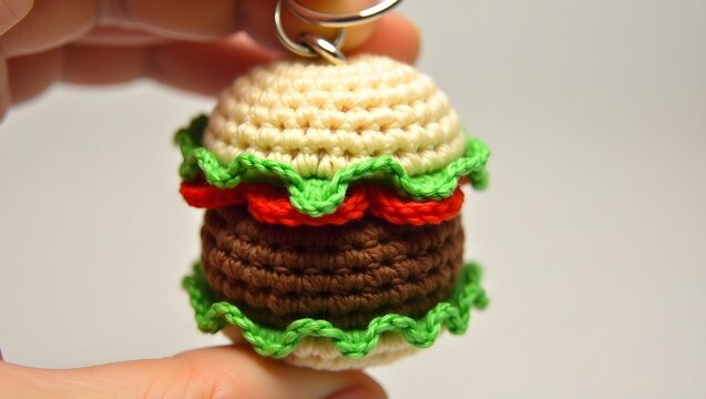3d crochet keychain depicting a miniature hamburger, featuring distinct layers of a soft, fluffy white bun, crisp green lettuce leaves, juicy red tomato slices, and a savory brown patty,