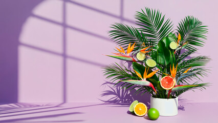 Tropical summer background in flat lay style. In the center there is free space for text or advertising. The atmosphere of freshness, brightness and summer.