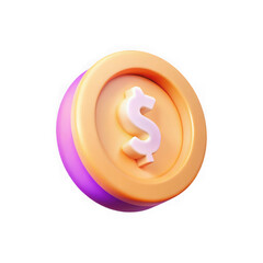 3d golden dollar coin with purple edge isolated on transparent background