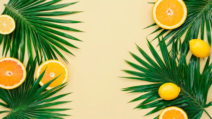 Tropical summer background in flat lay style. In the center there is free space for text or advertising. The atmosphere of freshness, brightness and summer.