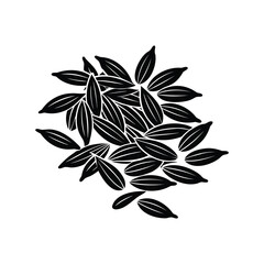 Black and white image showcasing a collection of stylized seeds arranged closely