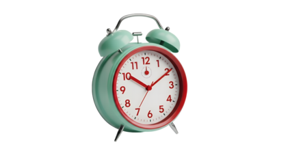 Close up of a mint green and red alarm clock timekeeping device on transparent background