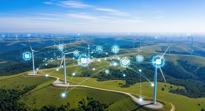 Wind Turbines on Rolling Hills Connected by Digital Network Icons Under a Bright Sky.