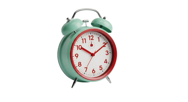 Close up of a mint green and red alarm clock timekeeping device on transparent background - Powered by Adobe