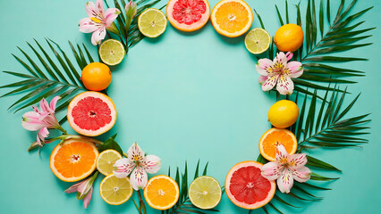Tropical summer background in flat lay style. In the center there is free space for text or advertising. The atmosphere of freshness, brightness and summer.