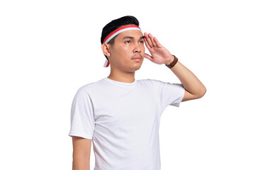 Handsome Asian man giving salute celebrate Indonesian independence day on 17 August isolated on transparent background