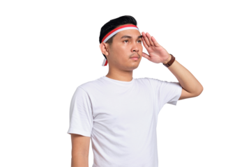 Handsome Asian man giving salute celebrate Indonesian independence day on 17 August isolated on transparent background