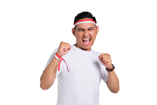 Excited young Asian men celebrate Indonesian independence day on 17 August, standing with raised hands isolated on transparent background