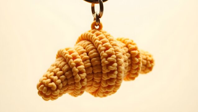 3d crochet keychain of a golden-brown Croissant, adorned with intricate, golden textured ridges that resemble the flaky layers of a freshly baked pastry, with a delicate sheen and subtle shading that 