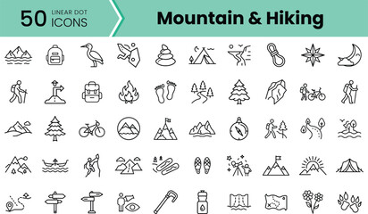 A set of 50 linear icons depicting themes of mountains, hiking, and outdoor activities, perfect for travel and adventure enthusiasts.