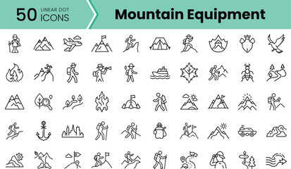 A collection of 50 linear icons representing various mountain equipment and outdoor activities, featuring climbers, landscapes, and wildlife in a minimalistic design.