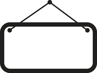 Blank hanging signboard icon with bold black frame and string attachment, perfect for customizable labels or business signs. Clean and simple vector silhouette. Ideal for shops, menus, or notices.