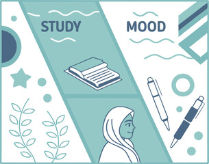 Conceptual illustration depicting the connection between studying and mood featuring a book pens a woman in a hijab and decorative elements symbolizing growth and learning