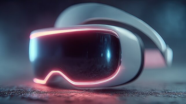 VR headset glowing with futuristic lights representing immersive technology, virtual reality, and digital innovation