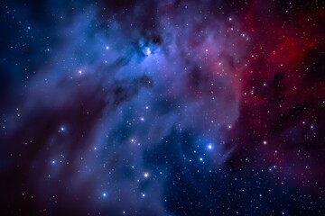 Naklejka premium Cosmic Nebula: Deep Space, Blue and Red Hues, Mystical Starfield Background