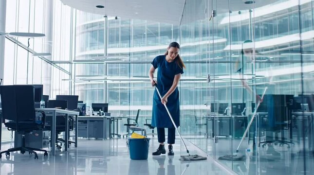 Office Cleaning in Progress: A dedicated cleaning lady meticulously mops the polished floor of a modern office space, ensuring a pristine environment for productivity.