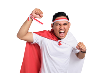 Excited young Asian men celebrate Indonesian independence day on 17 August, standing with raised hands isolated on transparent background