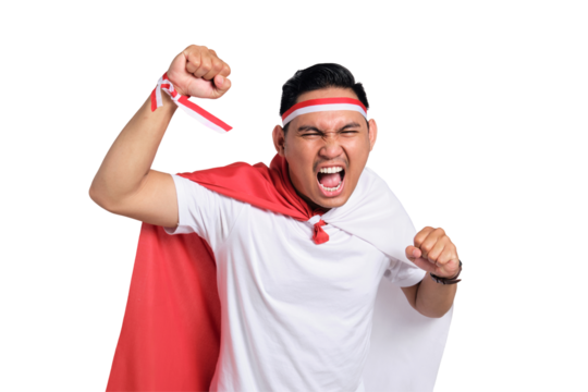 Excited young Asian men celebrate Indonesian independence day on 17 August, standing with raised hands isolated on transparent background