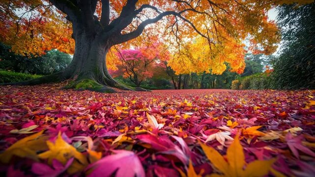 Vibrant autumn scene with a large tree and fallen leaves in rich crimson, gold, and orange hues